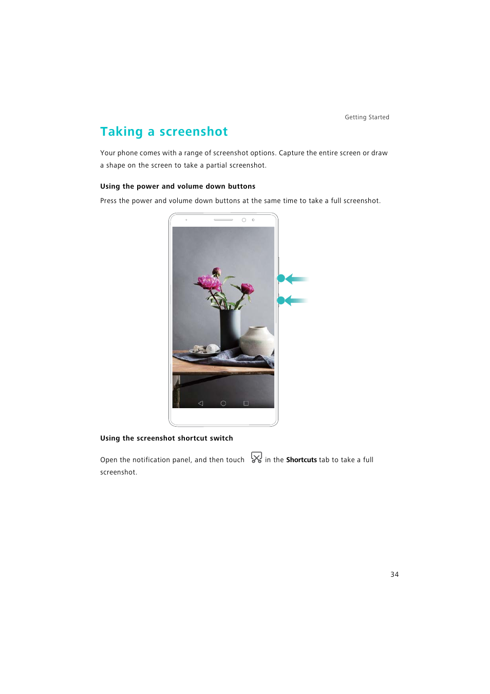 Taking a screenshot, Using the power and volume down buttons, Using the screenshot shortcut switch | Huawei P9 Lite User Manual | Page 41 / 204