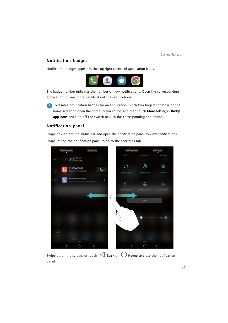 Notification badges, Notification panel | Huawei P9 Lite User Manual | Page 43 / 204