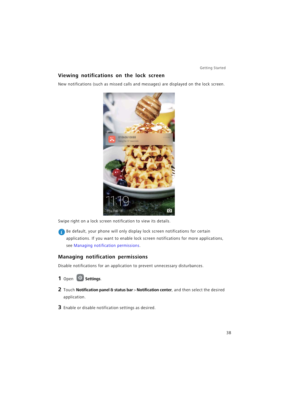 Viewing notifications on the lock screen, Managing notification permissions | Huawei P9 Lite User Manual | Page 45 / 204