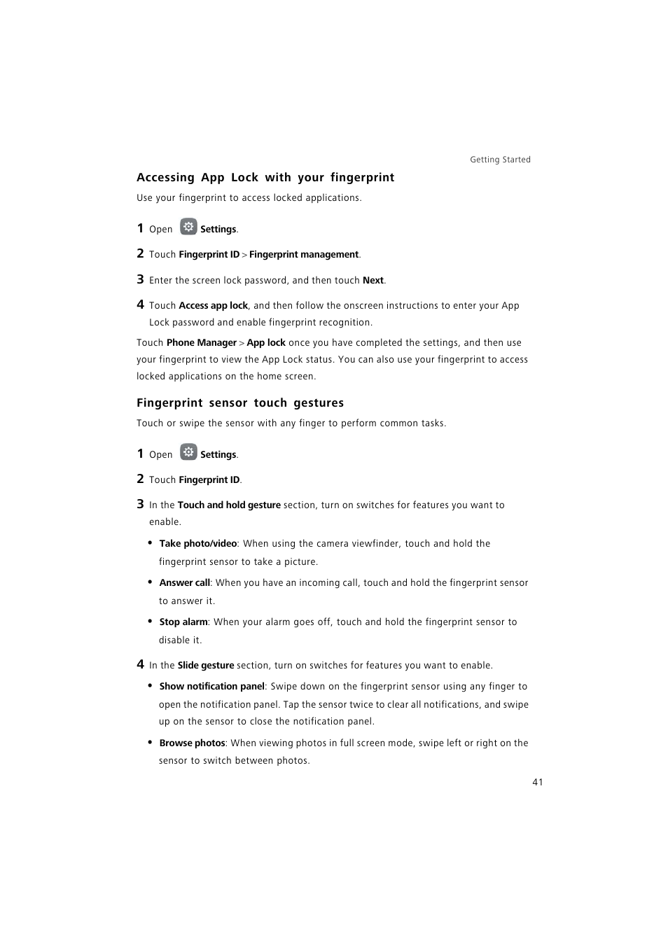 Accessing app lock with your fingerprint, Fingerprint sensor touch gestures | Huawei P9 Lite User Manual | Page 48 / 204