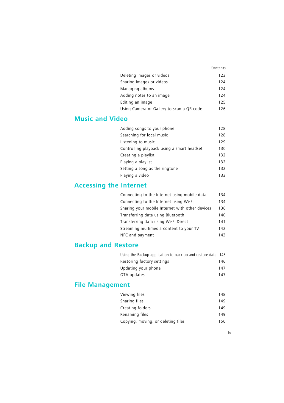 Music and video, Accessing the internet, Backup and restore | File management | Huawei P9 Lite User Manual | Page 5 / 204