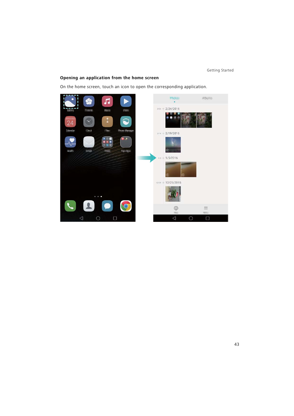 Opening an application from the home screen | Huawei P9 Lite User Manual | Page 50 / 204