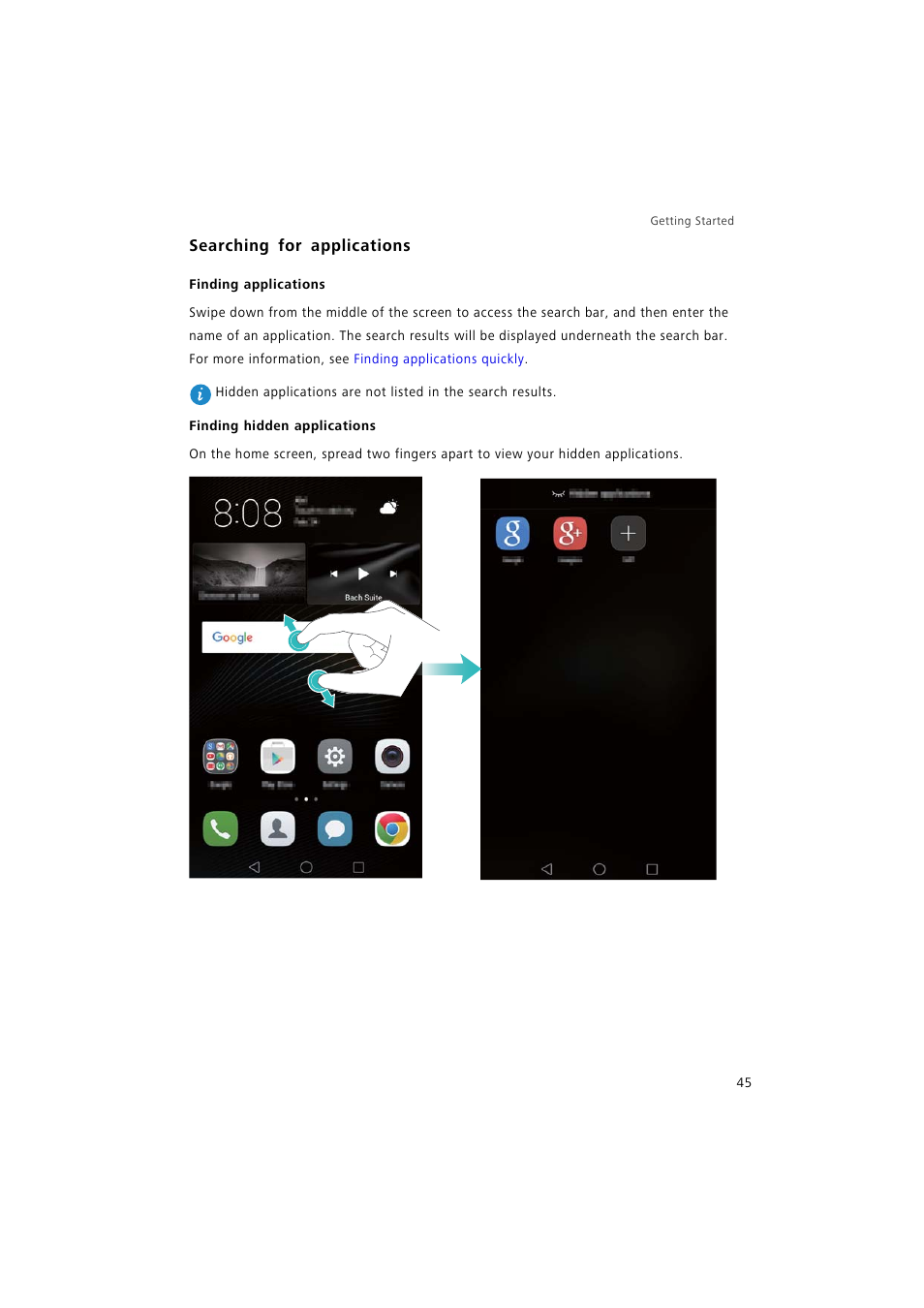 Searching for applications, Finding applications, Finding hidden applications | Huawei P9 Lite User Manual | Page 52 / 204