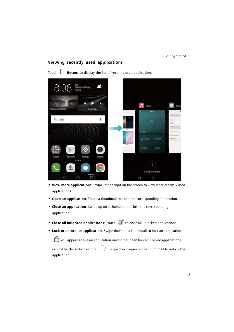 Viewing recently used applications | Huawei P9 Lite User Manual | Page 53 / 204