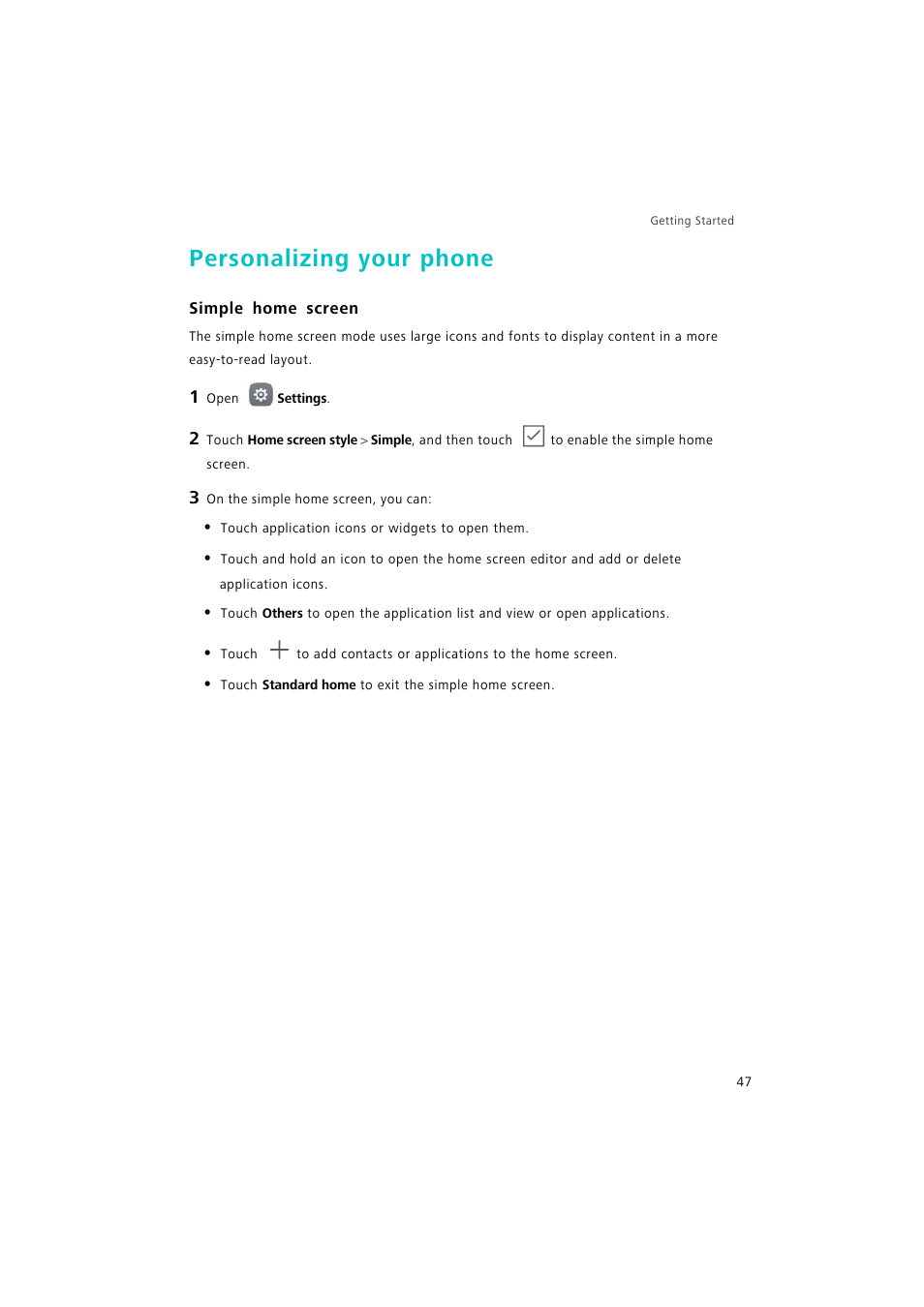 Personalizing your phone, Simple home screen | Huawei P9 Lite User Manual | Page 54 / 204