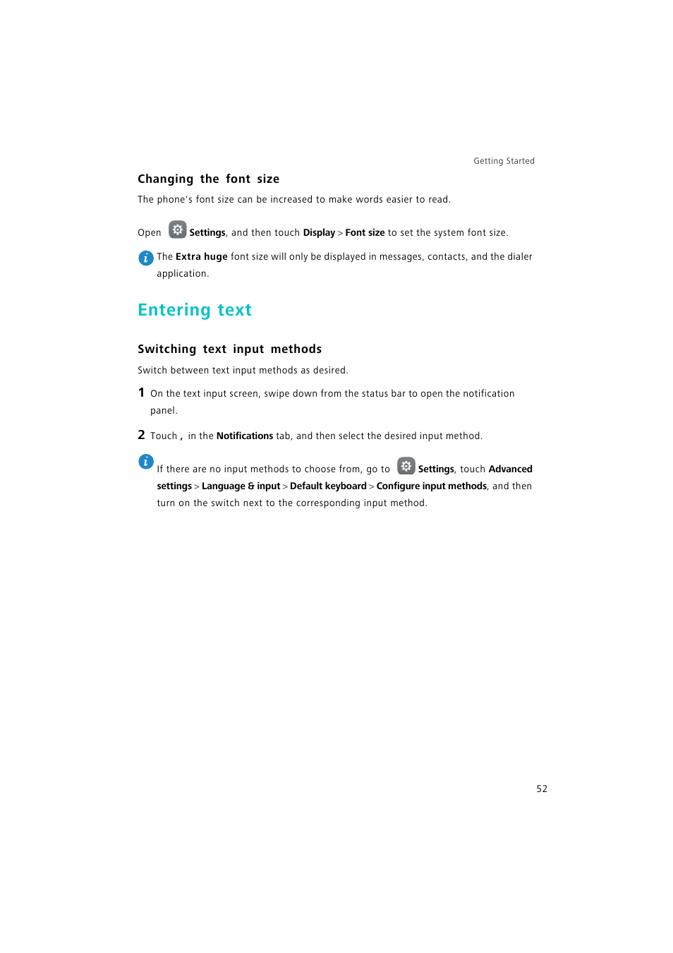 Changing the font size, Entering text, Switching text input methods | Huawei P9 Lite User Manual | Page 59 / 204