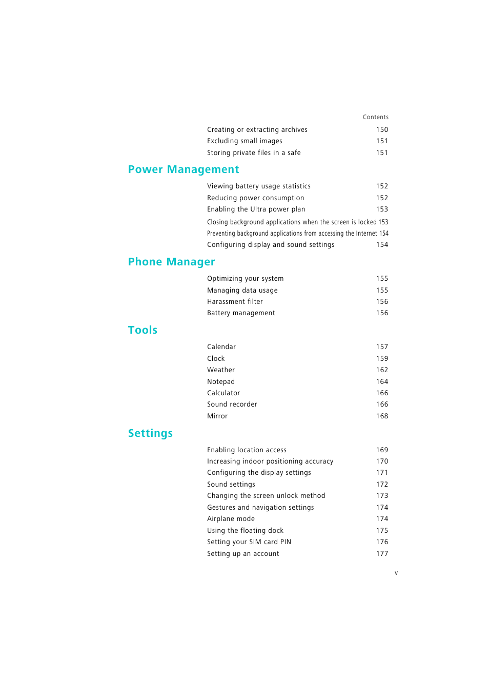 Power management, Phone manager, Tools | Settings | Huawei P9 Lite User Manual | Page 6 / 204