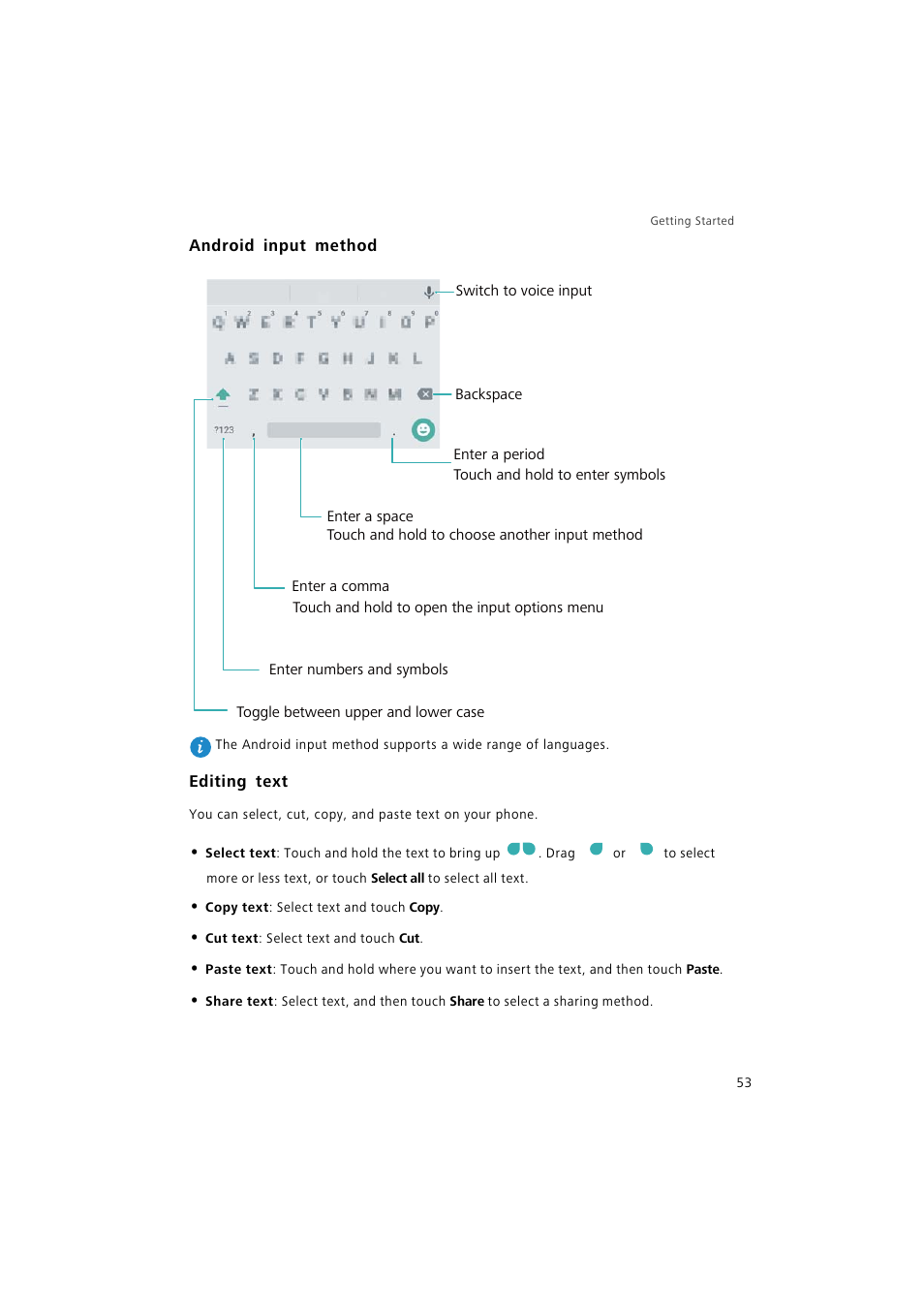 Android input method, Editing text | Huawei P9 Lite User Manual | Page 60 / 204