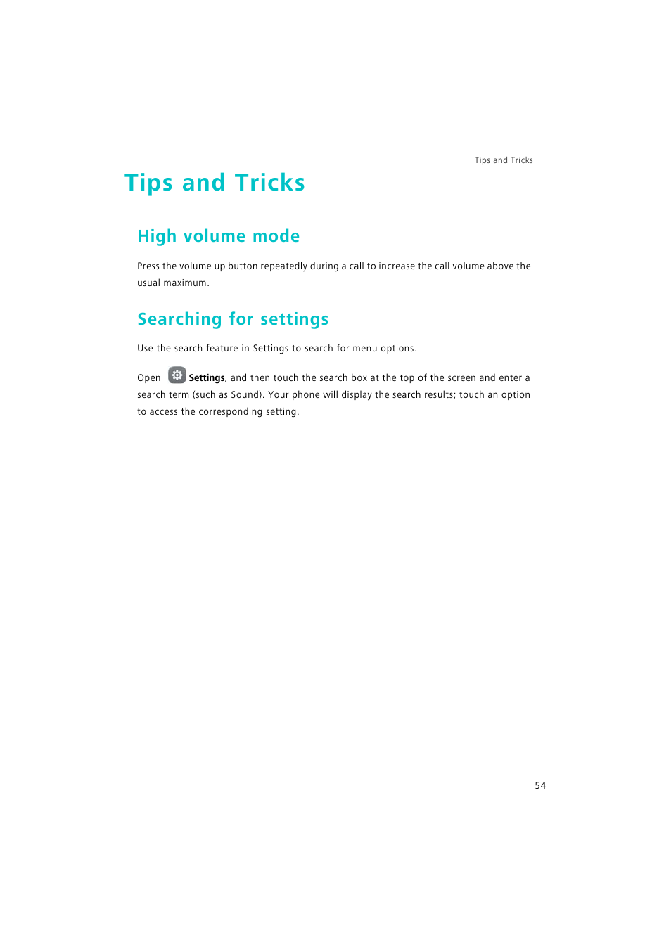 Tips and tricks, High volume mode, Searching for settings | Huawei P9 Lite User Manual | Page 61 / 204