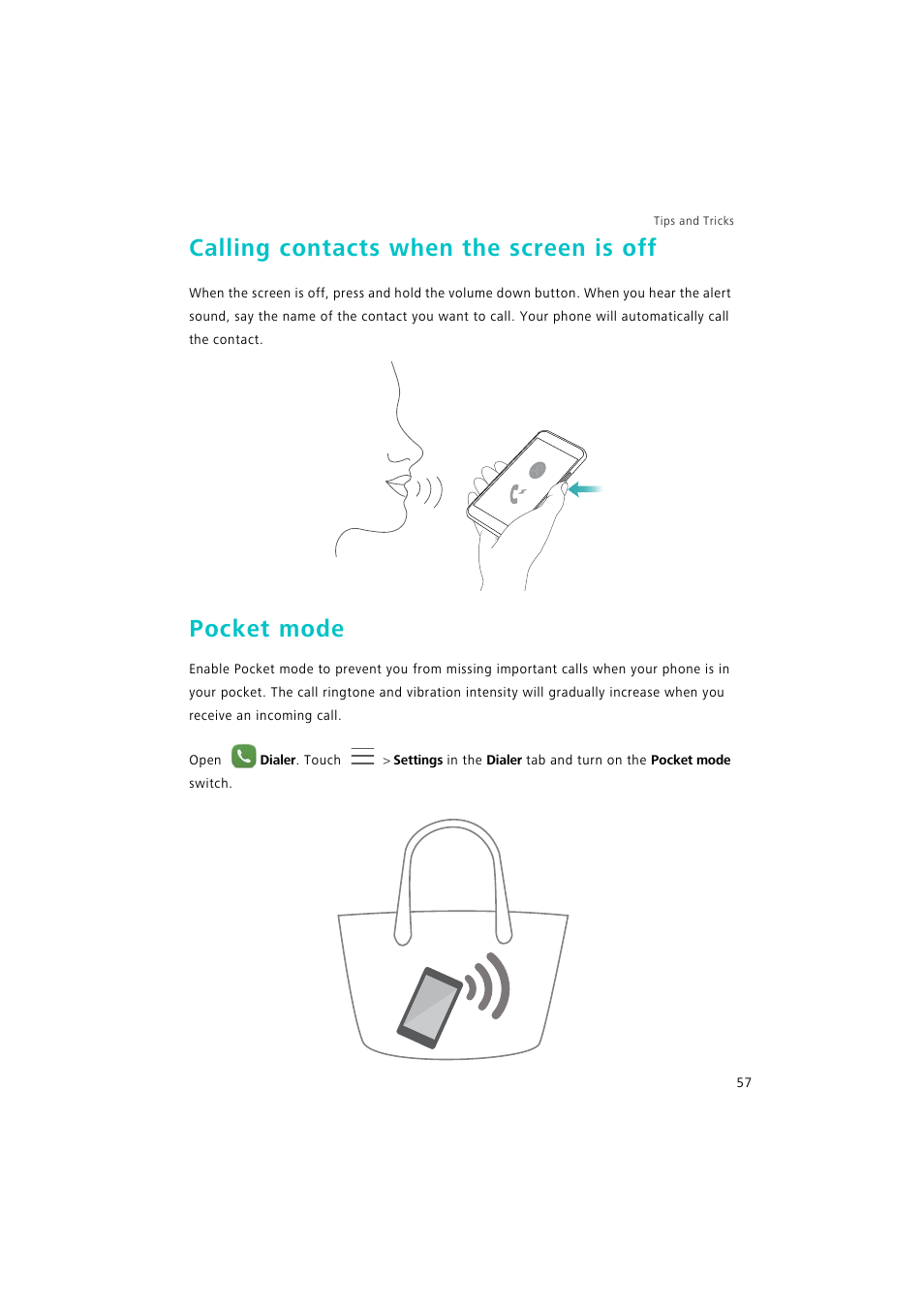 Calling contacts when the screen is off, Pocket mode | Huawei P9 Lite User Manual | Page 64 / 204