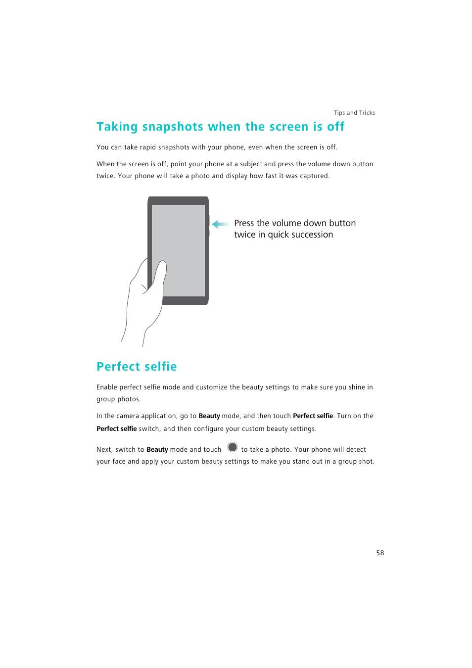 Taking snapshots when the screen is off, Perfect selfie | Huawei P9 Lite User Manual | Page 65 / 204