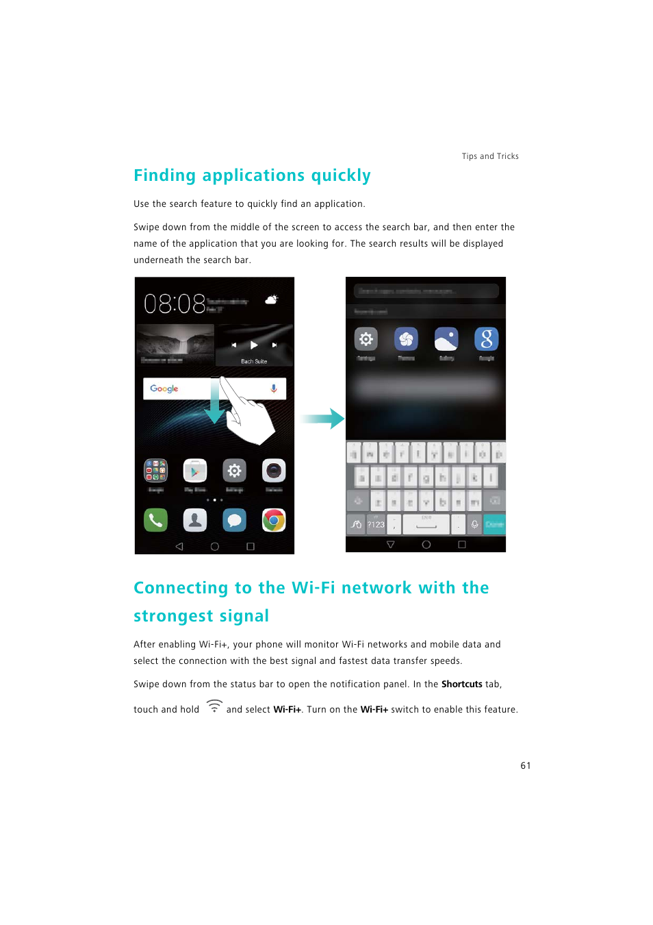 Finding applications quickly | Huawei P9 Lite User Manual | Page 68 / 204