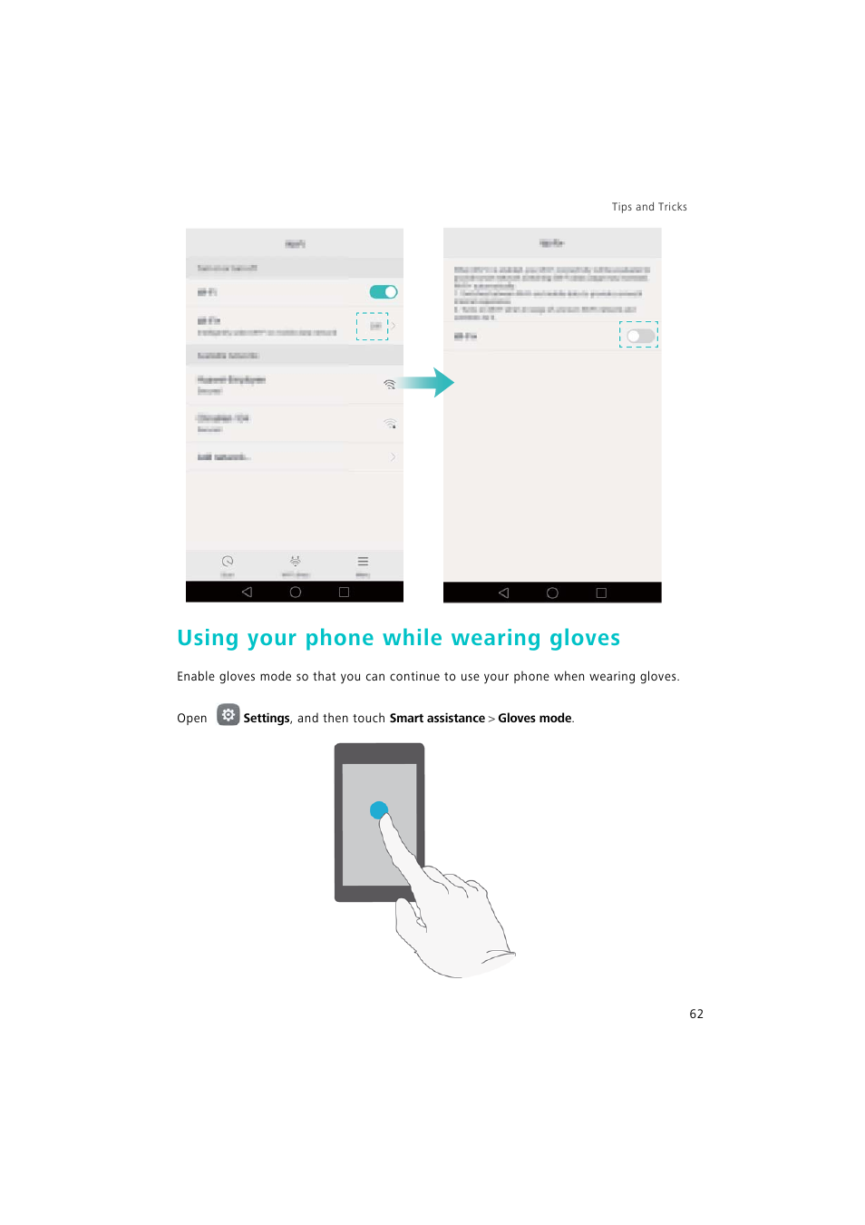 Using your phone while wearing gloves | Huawei P9 Lite User Manual | Page 69 / 204