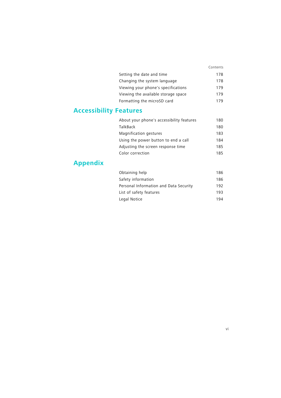 Accessibility features, Appendix | Huawei P9 Lite User Manual | Page 7 / 204