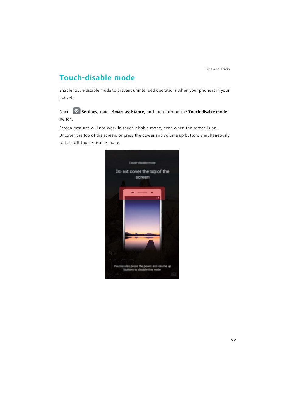 Touch-disable mode | Huawei P9 Lite User Manual | Page 72 / 204