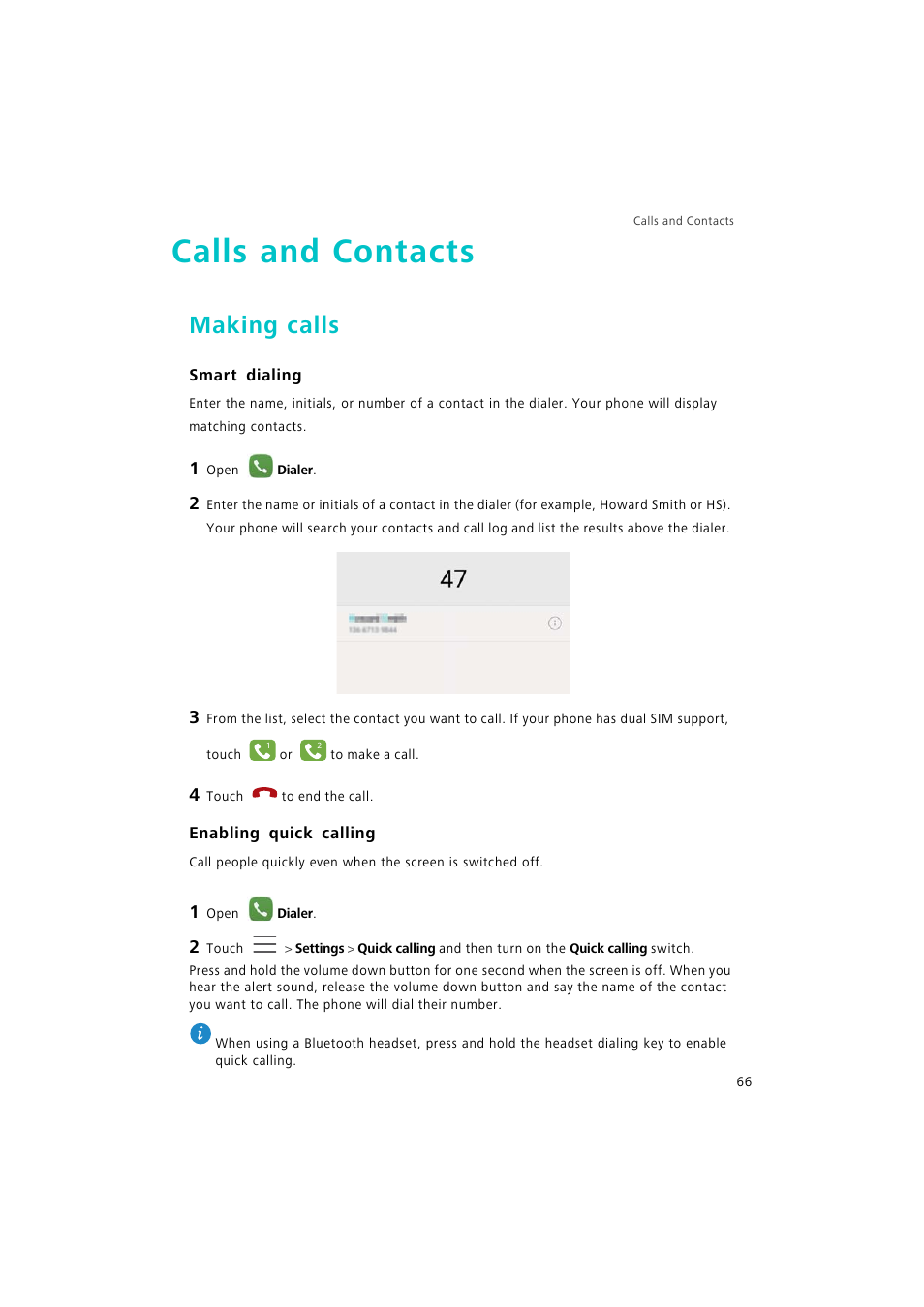 Calls and contacts, Making calls, Smart dialing | Enabling quick calling | Huawei P9 Lite User Manual | Page 73 / 204