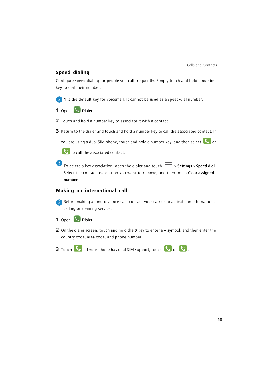 Speed dialing, Making an international call | Huawei P9 Lite User Manual | Page 75 / 204