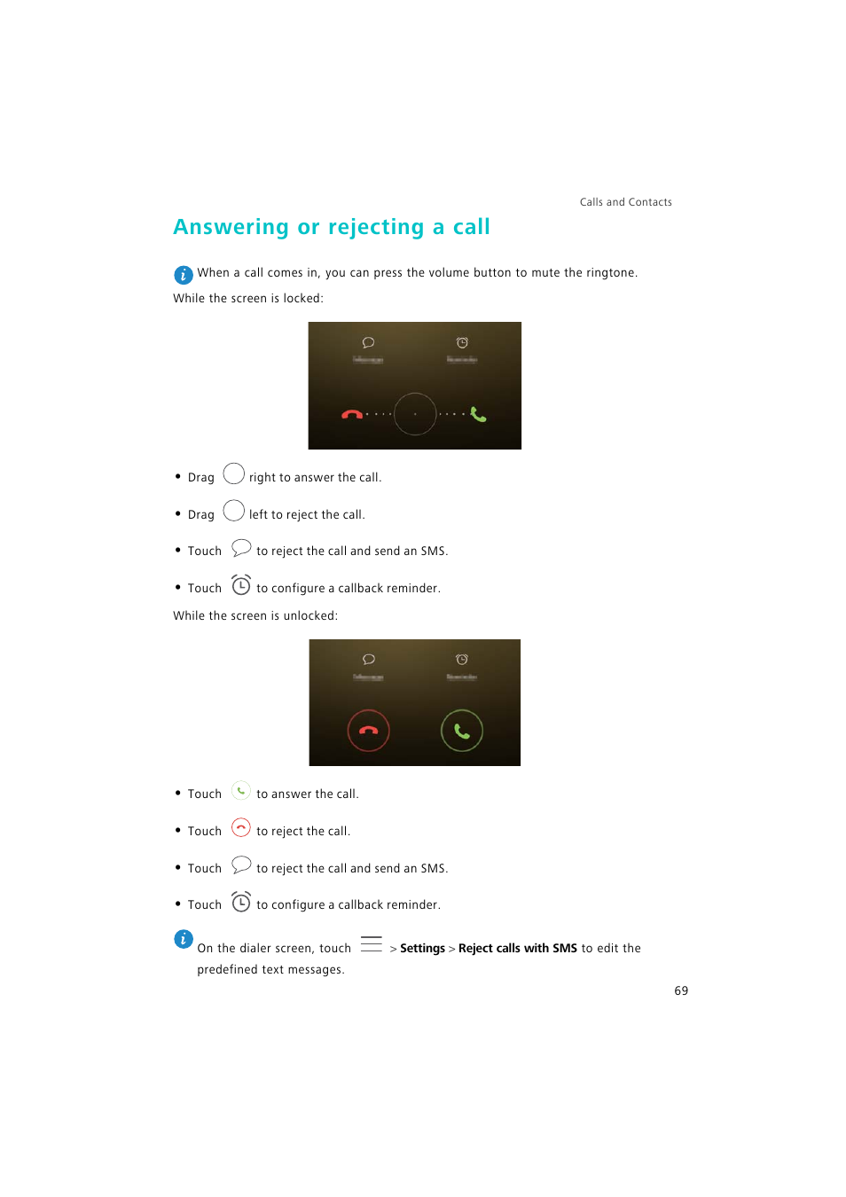 Answering or rejecting a call | Huawei P9 Lite User Manual | Page 76 / 204