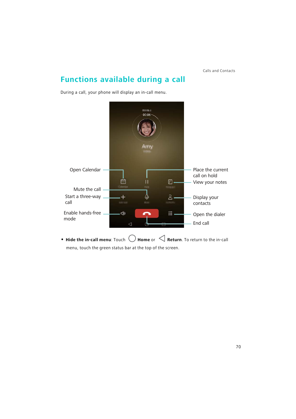 Functions available during a call | Huawei P9 Lite User Manual | Page 77 / 204