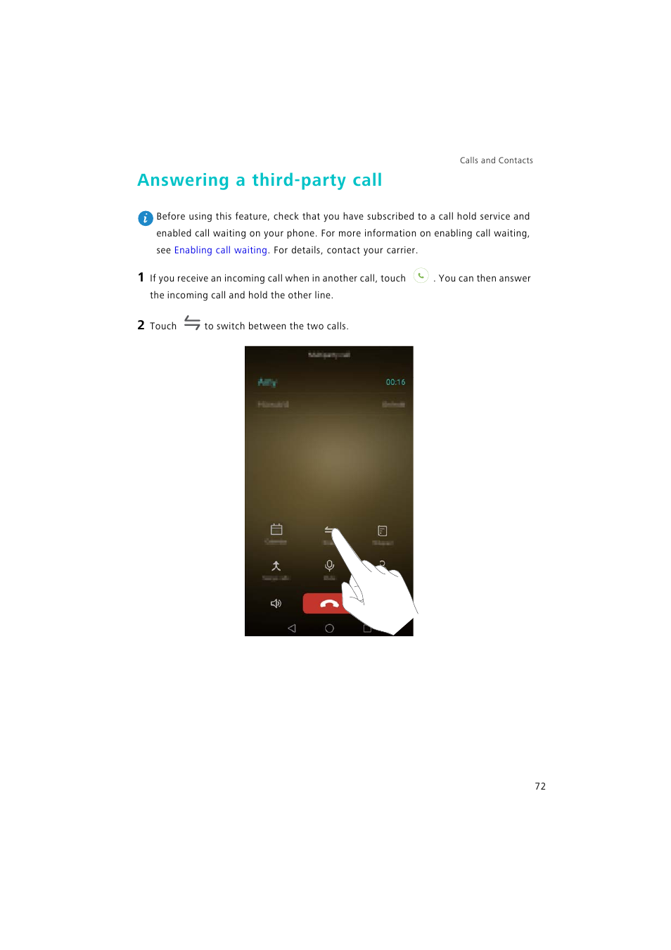 Answering a third-party call | Huawei P9 Lite User Manual | Page 79 / 204