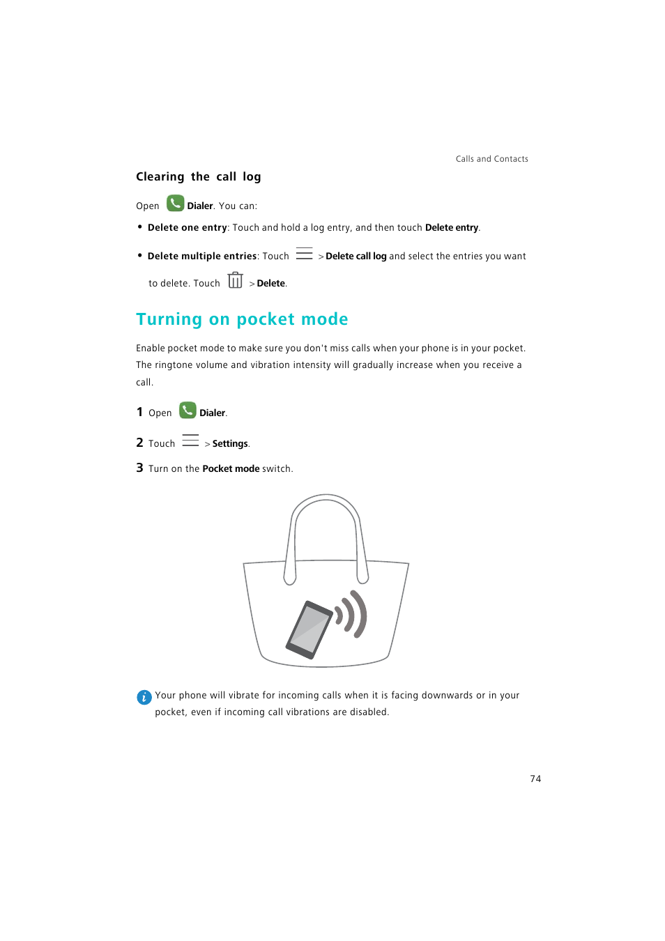 Clearing the call log, Turning on pocket mode | Huawei P9 Lite User Manual | Page 81 / 204