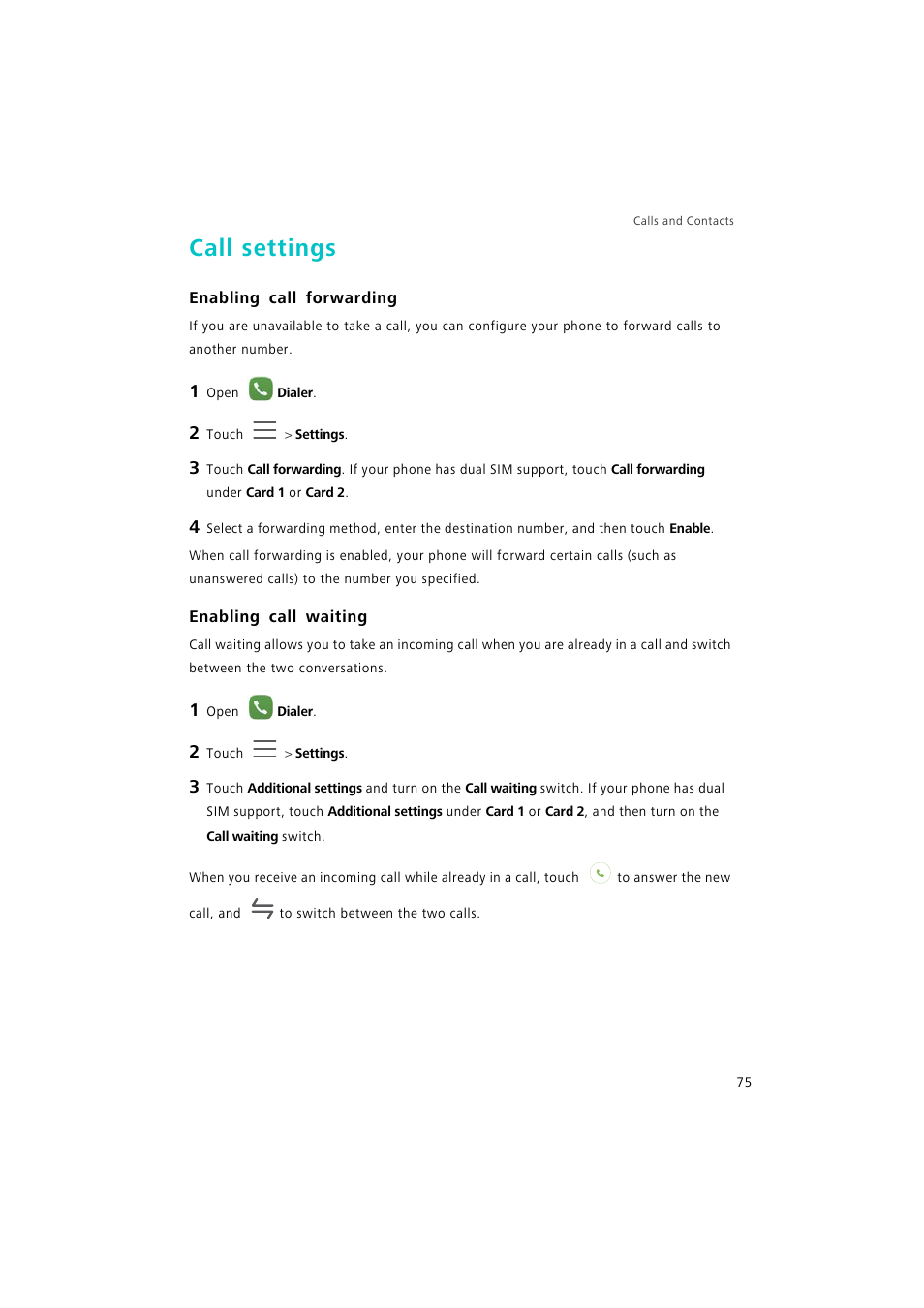 Call settings, Enabling call forwarding, Enabling call waiting | Huawei P9 Lite User Manual | Page 82 / 204