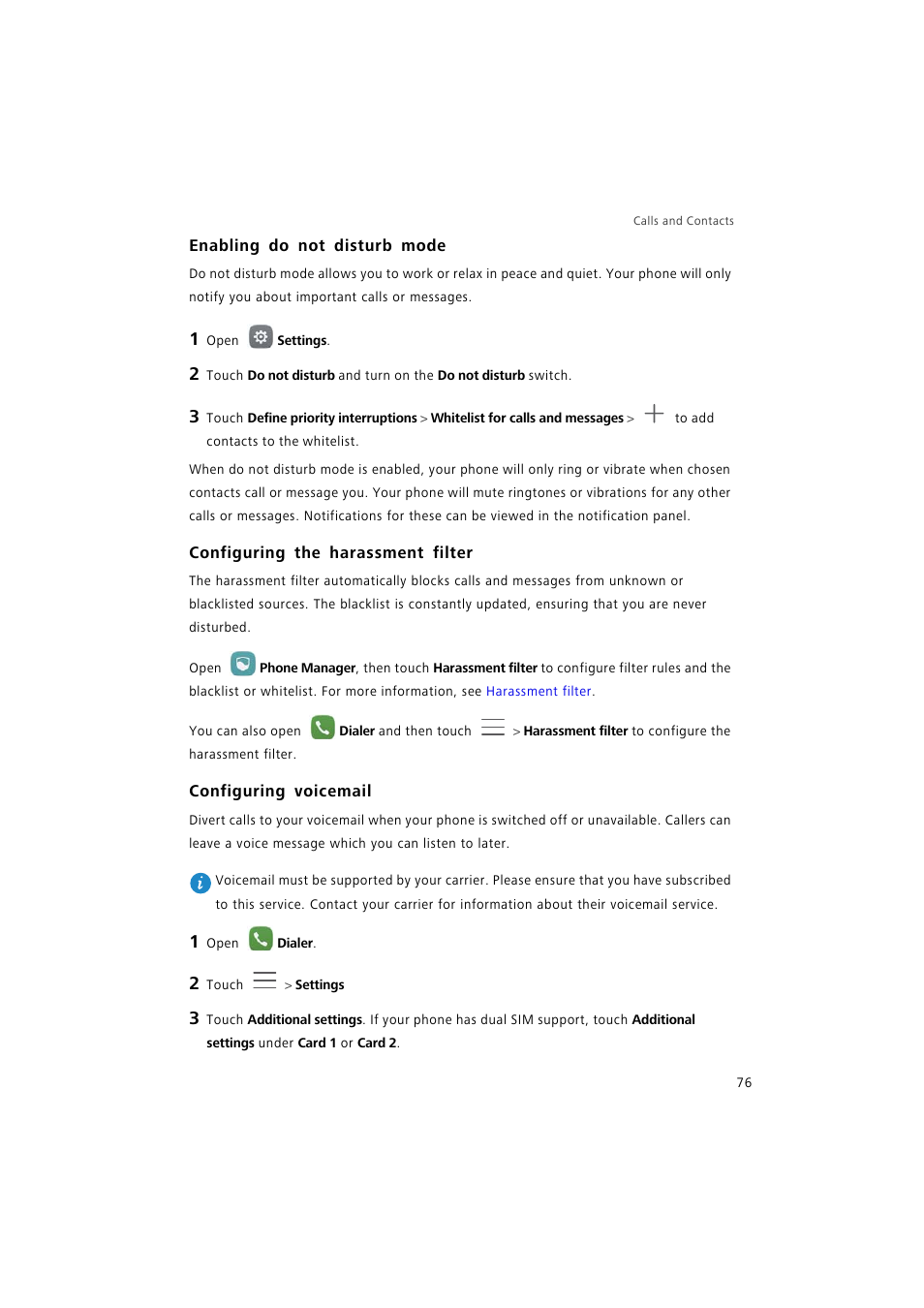 Enabling do not disturb mode, Configuring the harassment filter, Configuring voicemail | Huawei P9 Lite User Manual | Page 83 / 204