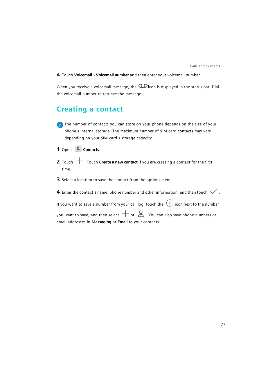 Creating a contact | Huawei P9 Lite User Manual | Page 84 / 204