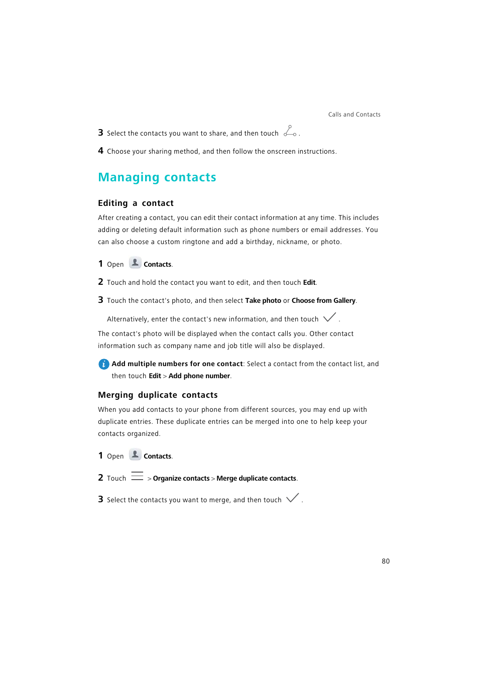 Managing contacts, Editing a contact, Merging duplicate contacts | Huawei P9 Lite User Manual | Page 87 / 204