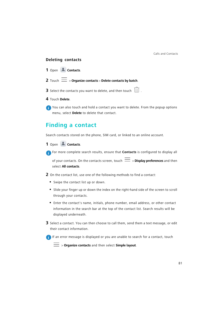 Deleting contacts, Finding a contact | Huawei P9 Lite User Manual | Page 88 / 204