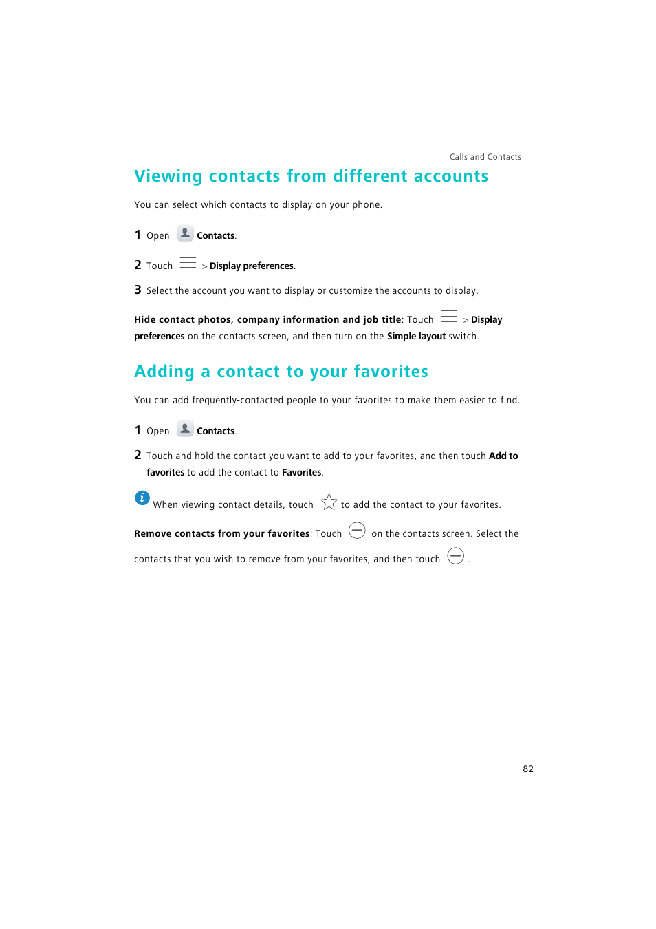 Viewing contacts from different accounts, Adding a contact to your favorites | Huawei P9 Lite User Manual | Page 89 / 204