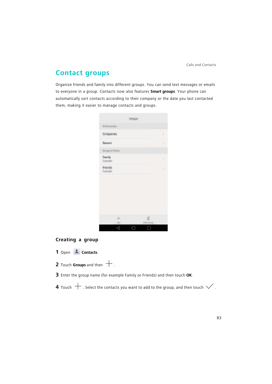 Contact groups, Creating a group | Huawei P9 Lite User Manual | Page 90 / 204