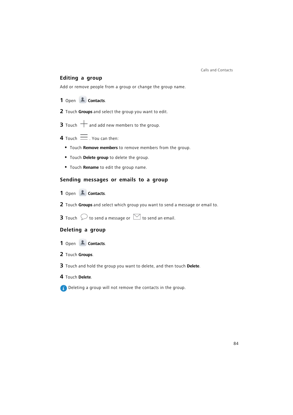 Editing a group, Sending messages or emails to a group, Deleting a group | Huawei P9 Lite User Manual | Page 91 / 204