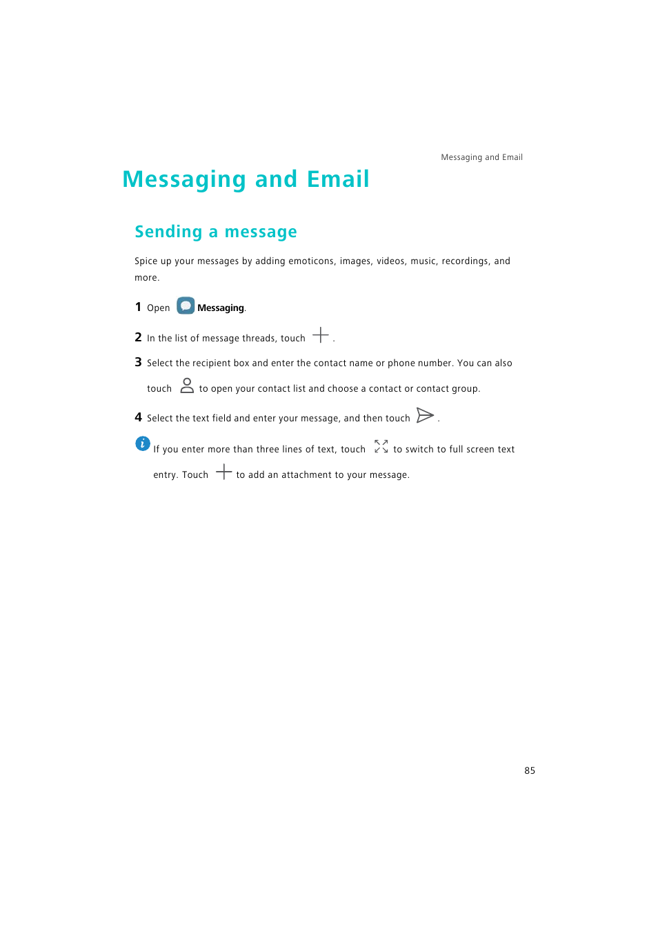 Messaging and email, Sending a message | Huawei P9 Lite User Manual | Page 92 / 204