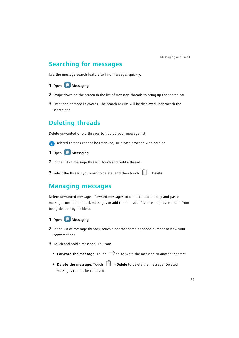 Searching for messages, Deleting threads, Managing messages | Huawei P9 Lite User Manual | Page 94 / 204