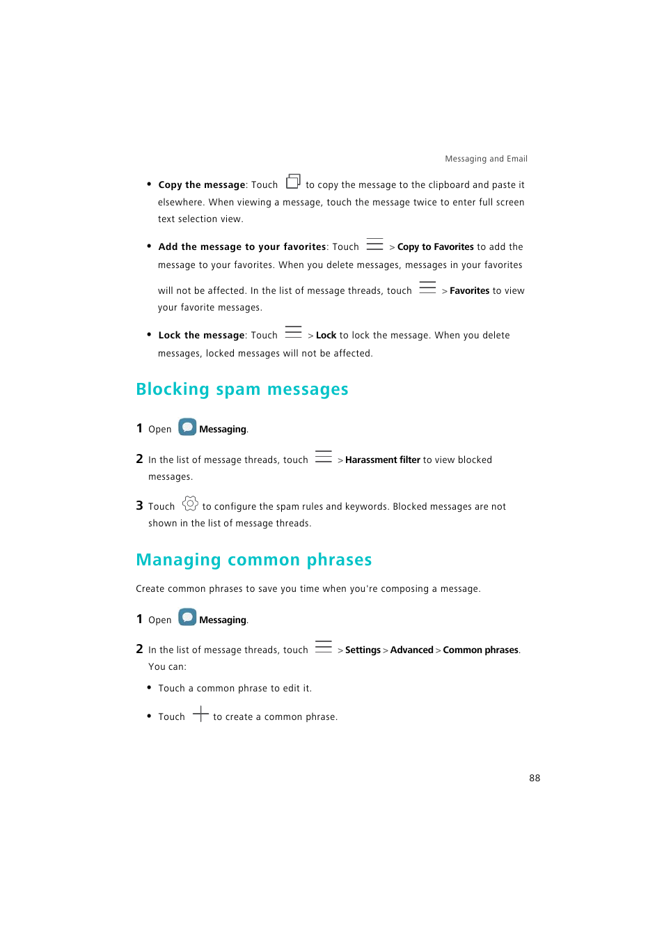 Blocking spam messages, Managing common phrases | Huawei P9 Lite User Manual | Page 95 / 204