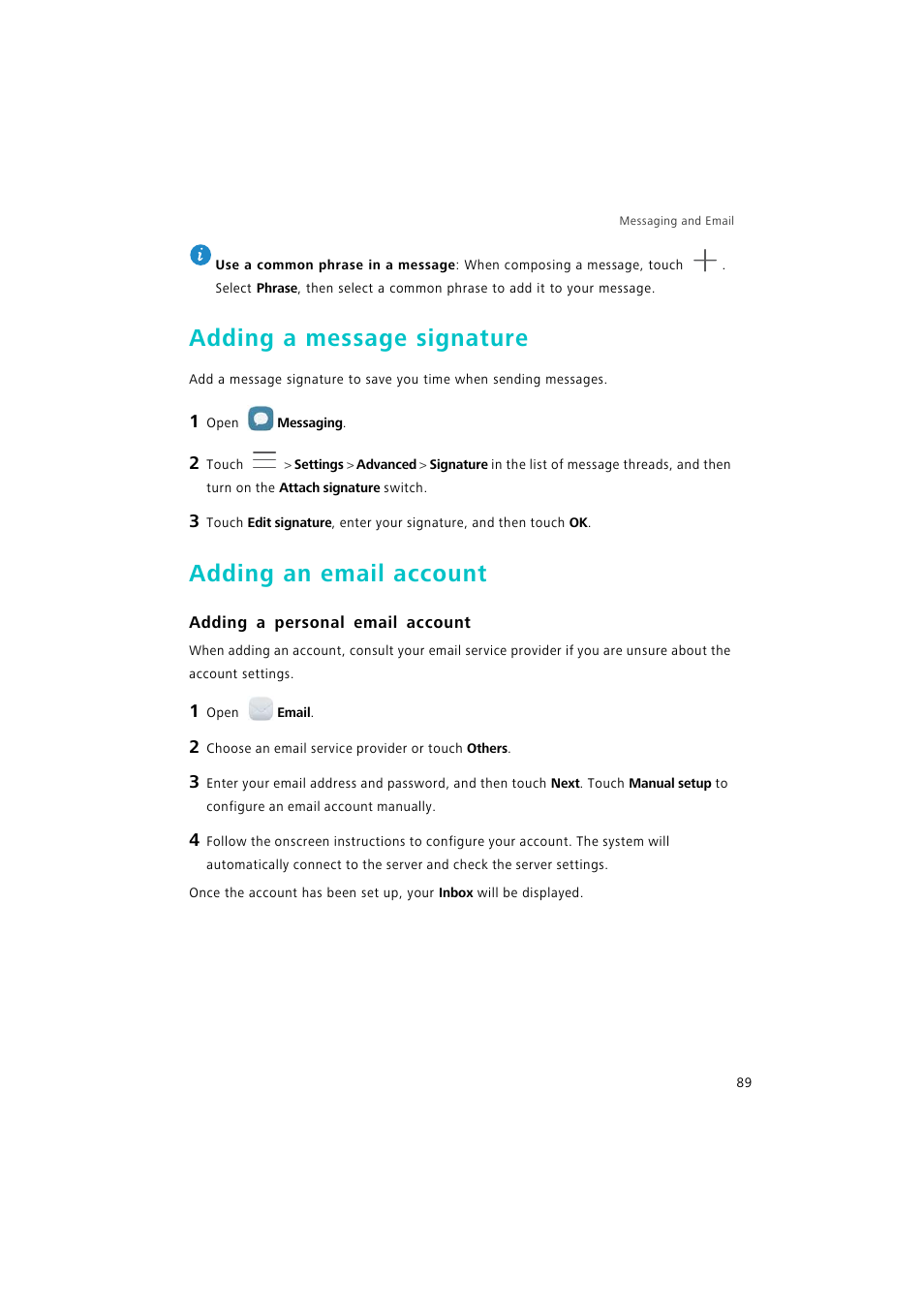 Adding a message signature, Adding an email account, Adding a personal email account | Huawei P9 Lite User Manual | Page 96 / 204