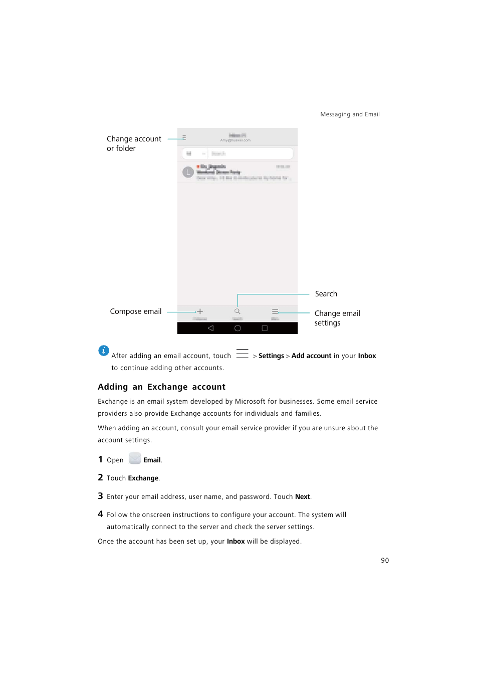 Adding an exchange account | Huawei P9 Lite User Manual | Page 97 / 204