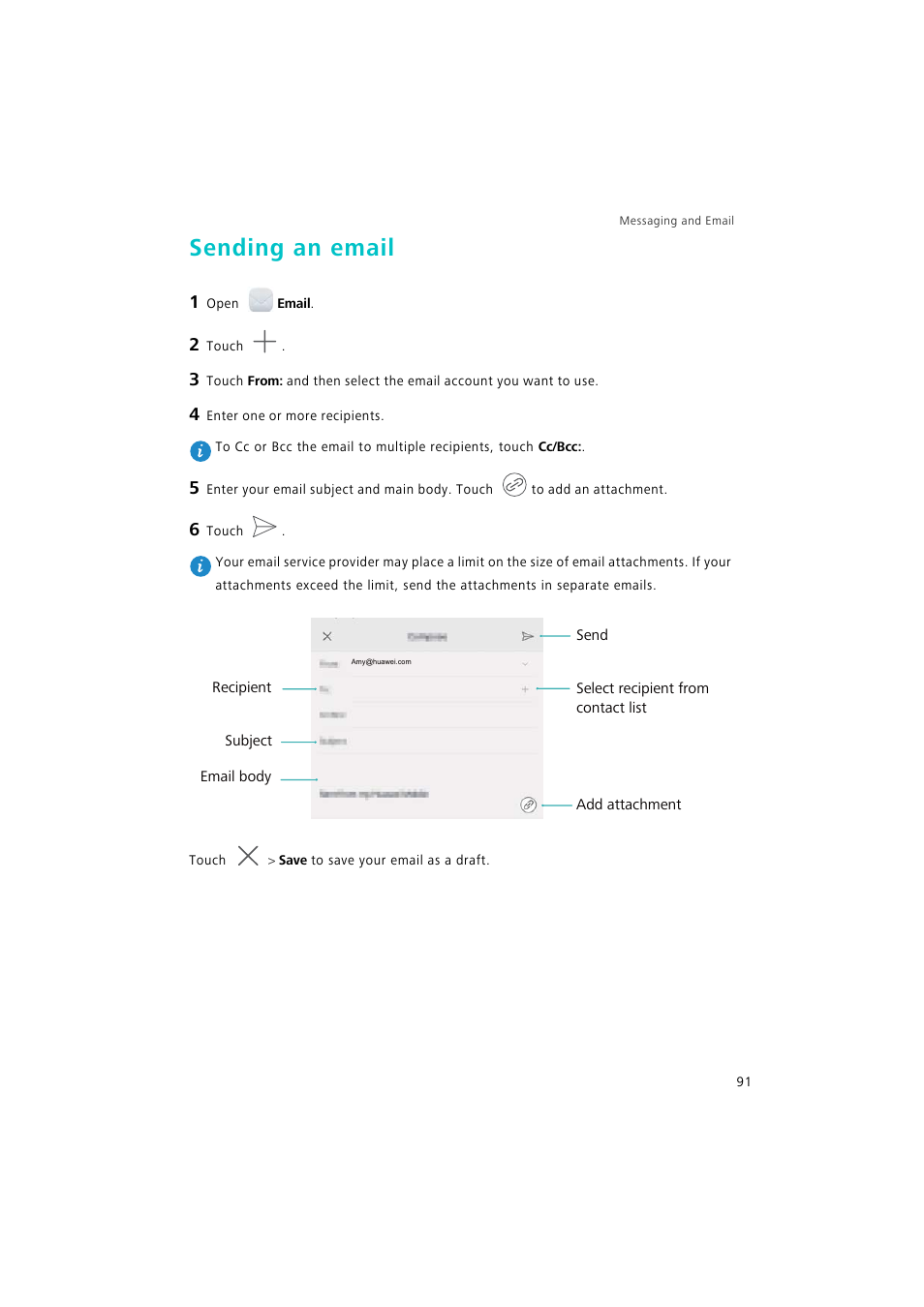 Sending an email | Huawei P9 Lite User Manual | Page 98 / 204