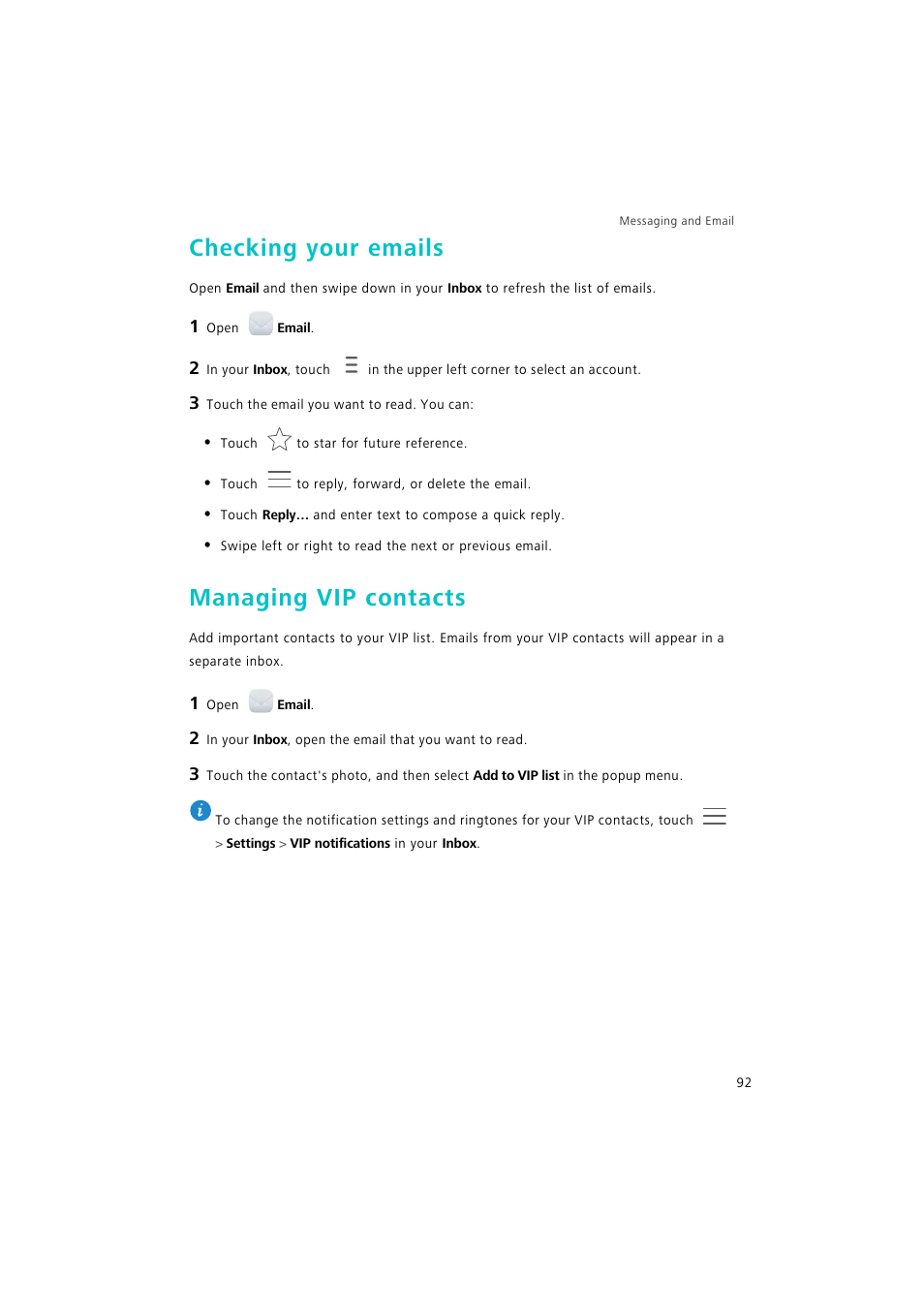 Checking your emails, Managing vip contacts | Huawei P9 Lite User Manual | Page 99 / 204