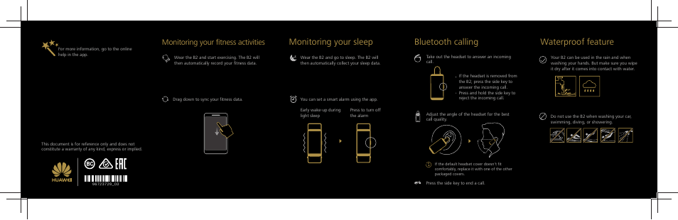 Monitoring your sleep, Waterproof feature, Bluetooth calling | Monitoring your fitness activities | Huawei TalkBand B2 User Manual | Page 2 / 2