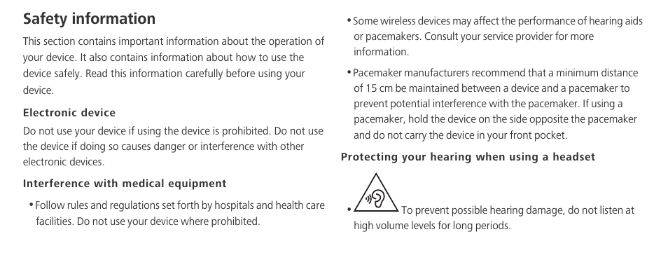 Safety information, Electronic device, Interference with medical equipment | Protecting your hearing when using a headset | Huawei Mate 8 User Manual | Page 13 / 32