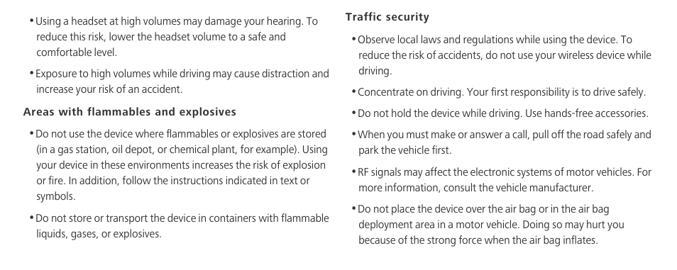 Areas with flammables and explosives, Traffic security | Huawei Mate 8 User Manual | Page 14 / 32