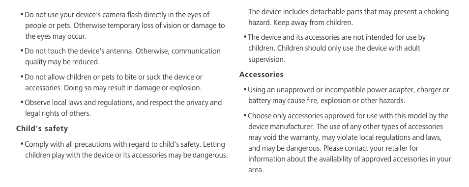 Child's safety, Accessories | Huawei Mate 8 User Manual | Page 16 / 32