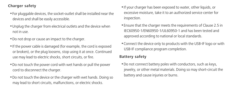 Charger safety, Battery safety | Huawei Mate 8 User Manual | Page 17 / 32