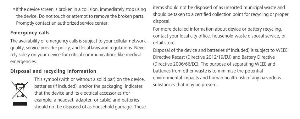 Emergency calls, Disposal and recycling information | Huawei Mate 8 User Manual | Page 20 / 32