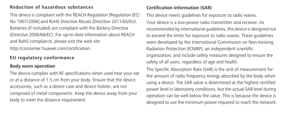 Reduction of hazardous substances, Eu regulatory conformance | Huawei Mate 8 User Manual | Page 21 / 32