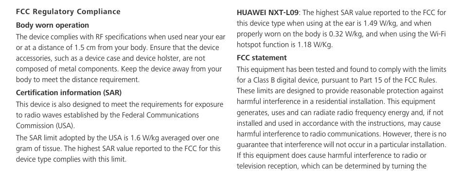 Fcc regulatory compliance | Huawei Mate 8 User Manual | Page 23 / 32