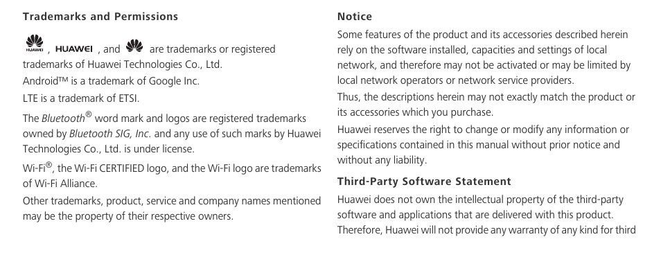 Trademarks and permissions, Notice, Third-party software statement | Huawei Mate 8 User Manual | Page 28 / 32