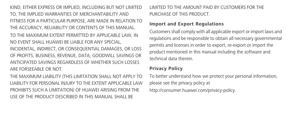 Import and export regulations, Privacy policy | Huawei Mate 8 User Manual | Page 30 / 32